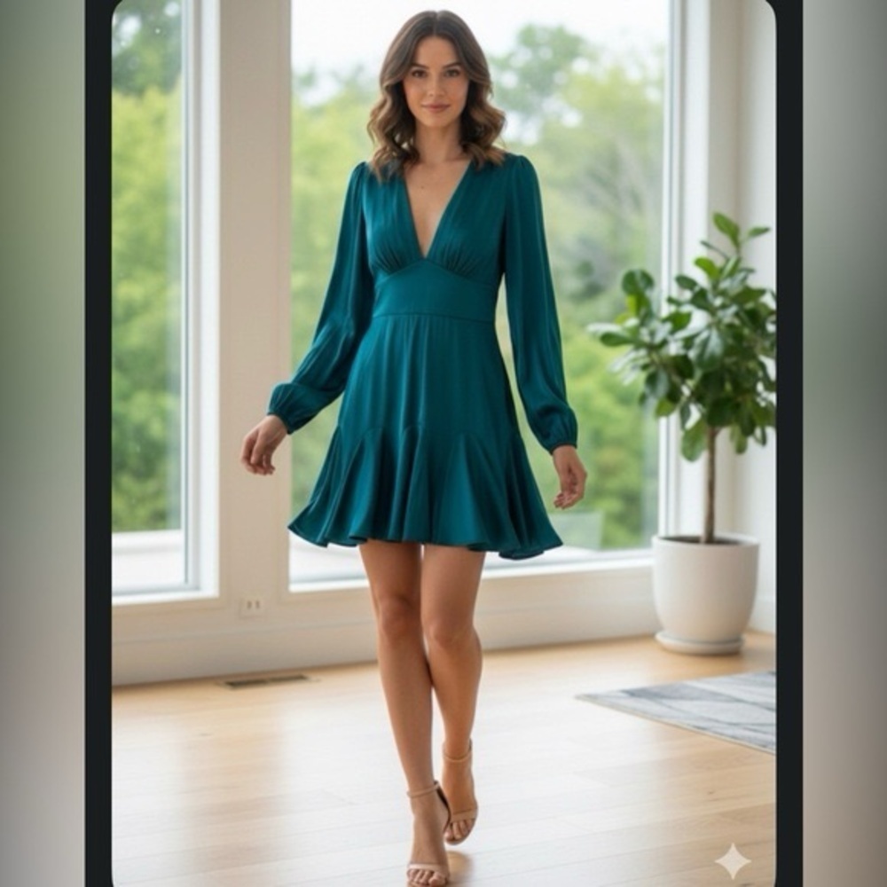 Abercrombie & Fitch Emerald Satin V Neck Long Sleeve Mini Dress Sz LT